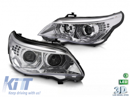 image-5-Tuning-Scheinwerferkit mit 3D-LED-Engelaugen geeignet für BMW 5er Reihe E60 Limousine, E61 Touring 2003-2007 mit Chrombasis, links und rechts, für das Modell mit Halogenscheinwerfern.