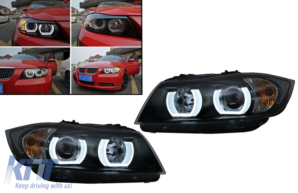 U-LED 3D Headlights Xenon suitable for BMW 3 Series E90 Limousine E91  Touring (03.2005-08.2008) LHD Black 