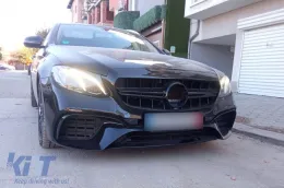 Un pack design type E63 adapté pour Mercedes E-Class W213 2016-2019 avec des sorties d'échappement noires et des garnitures noires, pour le modèle avec pare-chocs arrière standard.-image-6141482