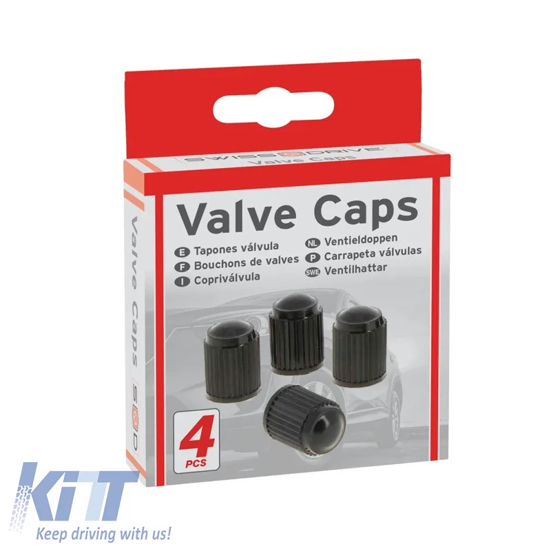Valve Caps Plastic Black Swiss Drive CAPVALV 4 Pcs