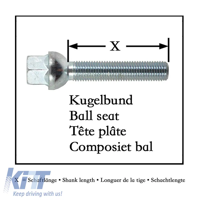 Wheel Bolt Ball Collar M12x1.5 45mm 10 Pieces